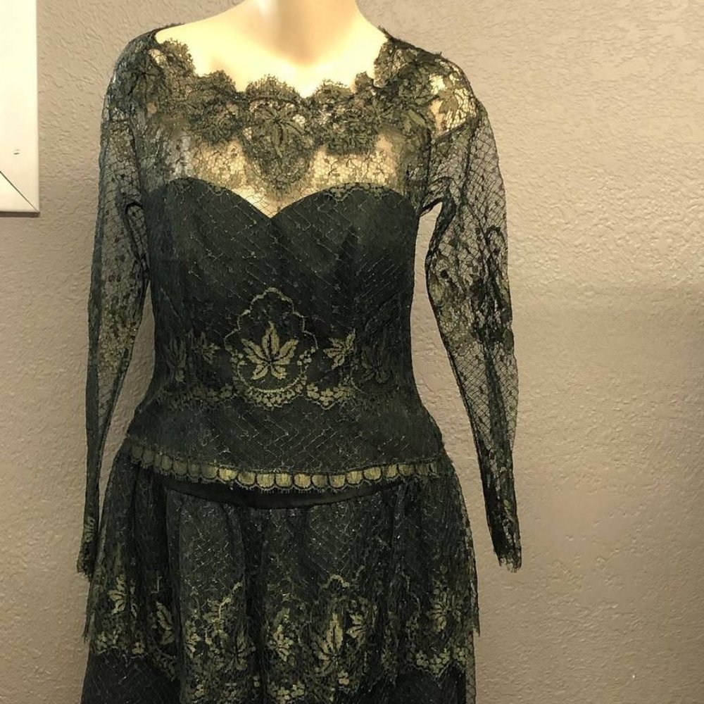 NWT Vintage Saks Liancarlo Couture Silk Illusion Lace Scalloped Hem Dress